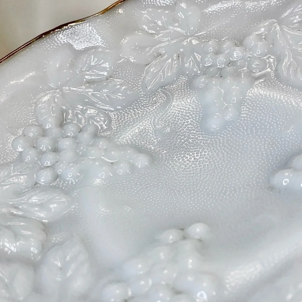 Vintage Anchor Hocking Milk Glass Grape Bowl Gold Trim Pedestal